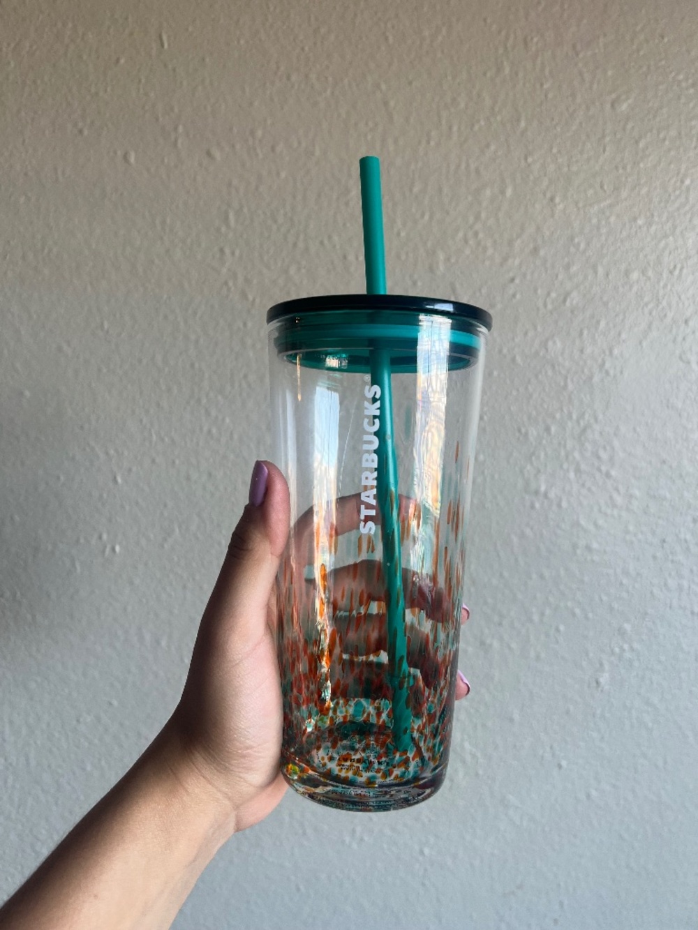 Starbucks 2022 Spring Teal & Orange Confetti Clear Glass Cold Cup Tumbler